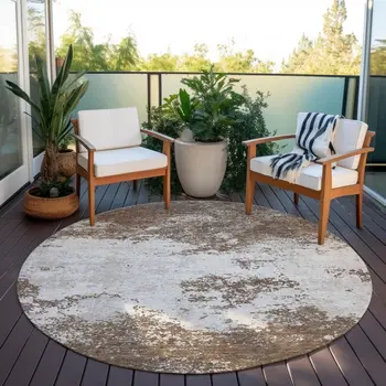 8' Brown And Beige Round Abstract Washable Indoor Outdoor Area Rug