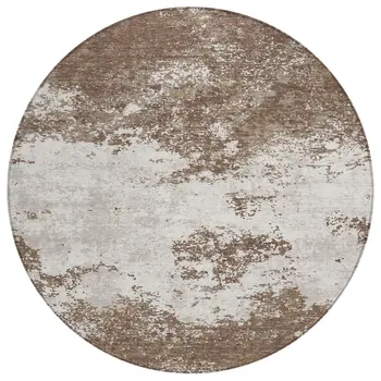 8' Brown And Beige Round Abstract Washable Indoor Outdoor Area Rug