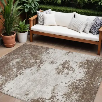 9' X 12' Brown And Beige Abstract Washable Indoor Outdoor Area Rug