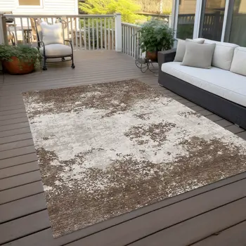 10' X 14' Brown And Beige Abstract Washable Indoor Outdoor Area Rug