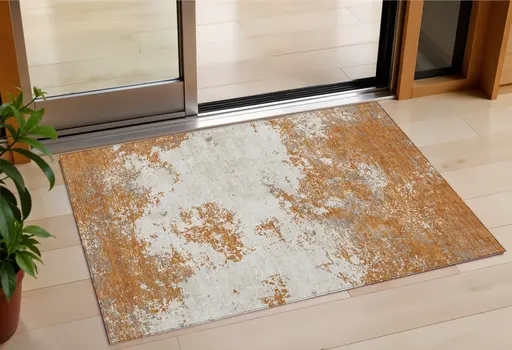 3' X 5' Copper Gray And Beige Abstract Washable Indoor Outdoor Area Rug