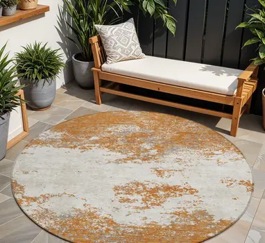 8' Copper Gray And Beige Round Abstract Washable Indoor Outdoor Area Rug