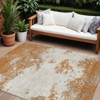 10' X 14' Copper Gray And Beige Abstract Washable Indoor Outdoor Area Rug