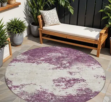 8' Eggplant Gray And Ivory Round Abstract Washable Indoor Outdoor Area Rug