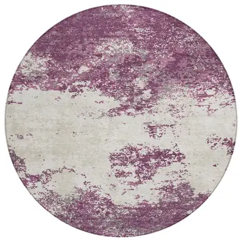 8' Eggplant Gray And Ivory Round Abstract Washable Indoor Outdoor Area Rug