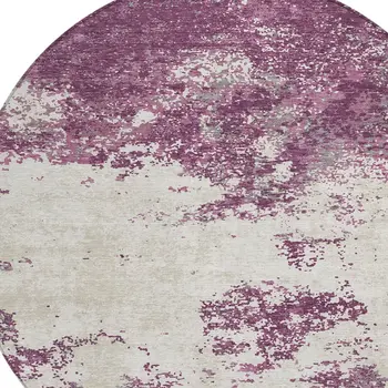 8' Eggplant Gray And Ivory Round Abstract Washable Indoor Outdoor Area Rug