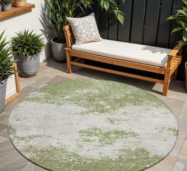 8' Green And Gray Round Abstract Washable Indoor Outdoor Area Rug