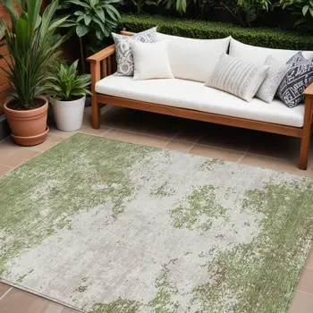 8' X 10' Green And Gray Abstract Washable Indoor Outdoor Area Rug
