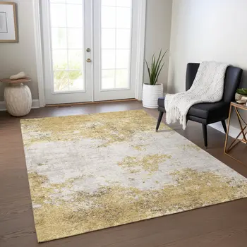 3' X 5' Gold Brown And Beige Abstract Washable Indoor Outdoor Area Rug