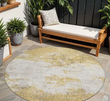8' Gold Brown And Beige Round Abstract Washable Indoor Outdoor Area Rug
