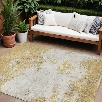 10' X 14' Gold Brown And Beige Abstract Washable Indoor Outdoor Area Rug