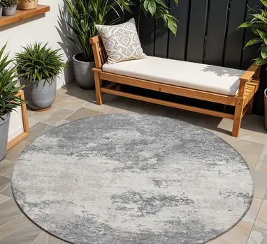 8' Gray And Beige Round Abstract Washable Indoor Outdoor Area Rug