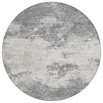 8' Gray And Beige Round Abstract Washable Indoor Outdoor Area Rug