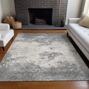 9' X 12' Gray And Beige Abstract Washable Indoor Outdoor Area Rug