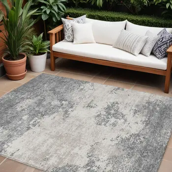 10' X 14' Gray And Beige Abstract Washable Indoor Outdoor Area Rug