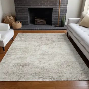 5' X 8' Ivory And Beige Abstract Washable Indoor Outdoor Area Rug