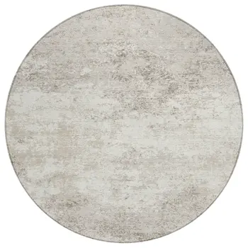 8' Ivory And Beige Round Abstract Washable Indoor Outdoor Area Rug