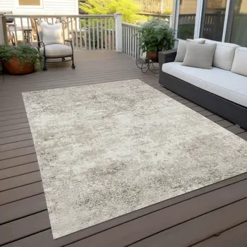 9' X 12' Ivory And Beige Abstract Washable Indoor Outdoor Area Rug
