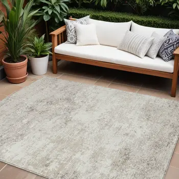 10' X 14' Ivory And Beige Abstract Washable Indoor Outdoor Area Rug