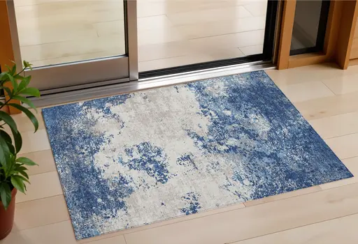 3' X 5' Navy Blue And Ivory Abstract Washable Indoor Outdoor Area Rug