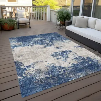 3' X 5' Navy Blue And Ivory Abstract Washable Indoor Outdoor Area Rug