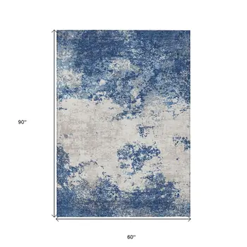 5' X 8' Navy Blue And Ivory Abstract Washable Indoor Outdoor Area Rug
