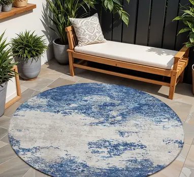8' Navy Blue And Ivory Round Abstract Washable Indoor Outdoor Area Rug