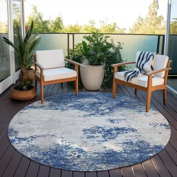 8' Navy Blue And Ivory Round Abstract Washable Indoor Outdoor Area Rug