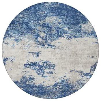 8' Navy Blue And Ivory Round Abstract Washable Indoor Outdoor Area Rug
