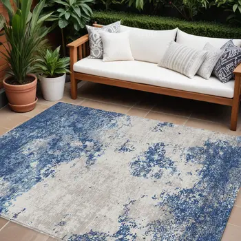 8' X 10' Navy Blue And Ivory Abstract Washable Indoor Outdoor Area Rug