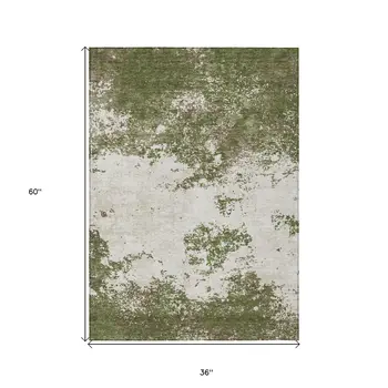 3' X 5' Olive Green Gray And Ivory Abstract Washable Indoor Outdoor Area Rug