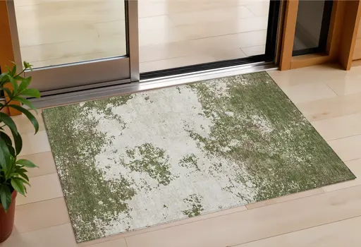 3' X 5' Olive Green Gray And Ivory Abstract Washable Indoor Outdoor Area Rug
