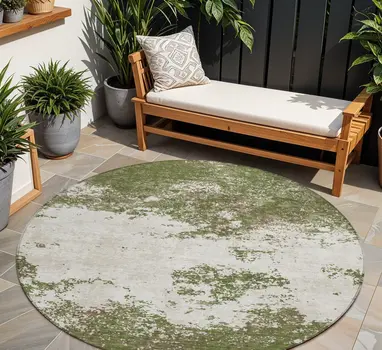 8' Olive Green Gray And Ivory Round Abstract Washable Indoor Outdoor Area Rug