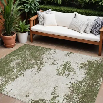9' X 12' Olive Green Gray And Ivory Abstract Washable Indoor Outdoor Area Rug