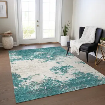 3' X 5' Teal Blue Ivory And Gray Abstract Washable Indoor Outdoor Area Rug