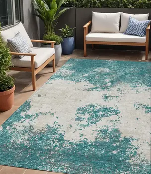 5' X 8' Teal Blue Ivory And Gray Abstract Washable Indoor Outdoor Area Rug