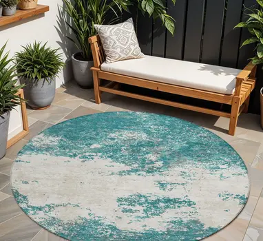 8' Teal Blue Ivory And Gray Round Abstract Washable Indoor Outdoor Area Rug