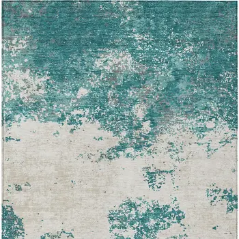 8' X 10' Teal Blue Ivory And Gray Abstract Washable Indoor Outdoor Area Rug