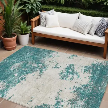 8' X 10' Teal Blue Ivory And Gray Abstract Washable Indoor Outdoor Area Rug