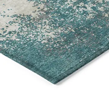 9' X 12' Teal Blue Ivory And Gray Abstract Washable Indoor Outdoor Area Rug