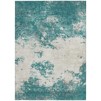 9' X 12' Teal Blue Ivory And Gray Abstract Washable Indoor Outdoor Area Rug