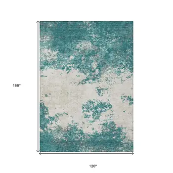 10' X 14' Teal Blue Ivory And Gray Abstract Washable Indoor Outdoor Area Rug