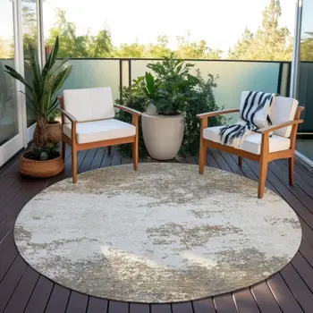 8' Taupe And Beige Round Abstract Washable Indoor Outdoor Area Rug