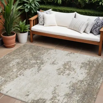 9' X 12' Taupe And Beige Abstract Washable Indoor Outdoor Area Rug