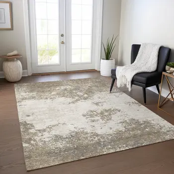 10' X 14' Taupe And Beige Abstract Washable Indoor Outdoor Area Rug