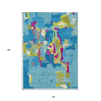 3' X 5' Aqua Green And Pink Abstract Washable Indoor Outdoor Area Rug