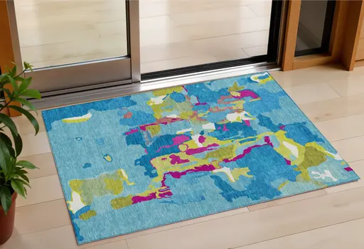 3' X 5' Aqua Green And Pink Abstract Washable Indoor Outdoor Area Rug