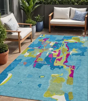 5' X 8' Aqua Green And Pink Abstract Washable Indoor Outdoor Area Rug