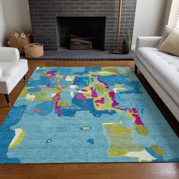 5' X 8' Aqua Green And Pink Abstract Washable Indoor Outdoor Area Rug