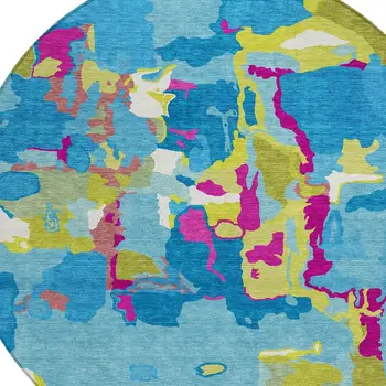 8' Aqua Green And Pink Round Abstract Washable Indoor Outdoor Area Rug